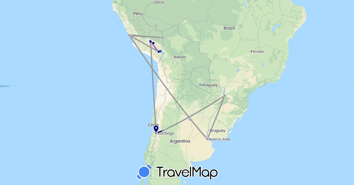TravelMap itinerary: driving, plane, train in Argentina, Chile, Peru (South America)